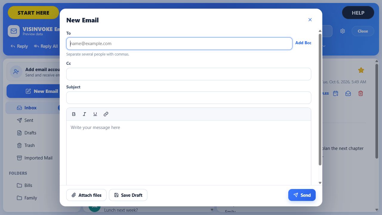 VISINVOKE Email New Email form with recipients, subject, message, Attach files, Save draft and Send