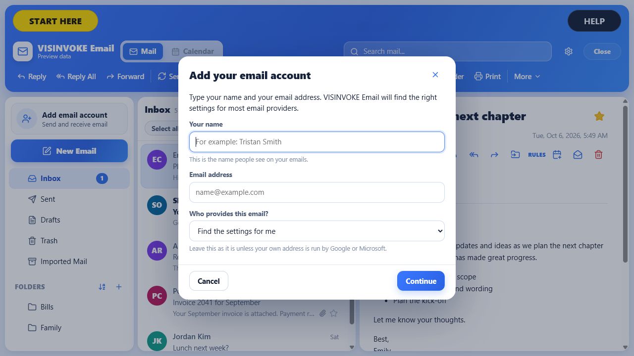 VISINVOKE Email account setup form showing name, email address and provider selection over a sample inbox
