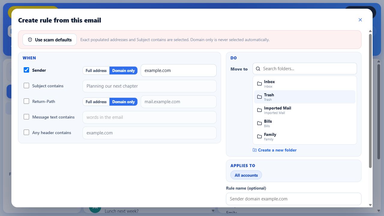VISINVOKE Email rule form with message conditions, destination folder and optional rule name