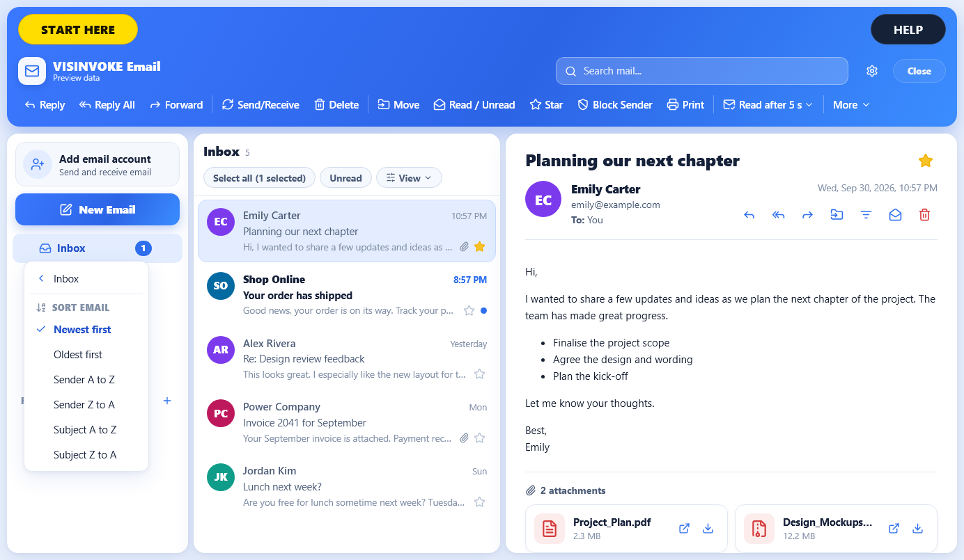 VISINVOKE Email sample inbox with folders, message sorting, reading pane and attachments